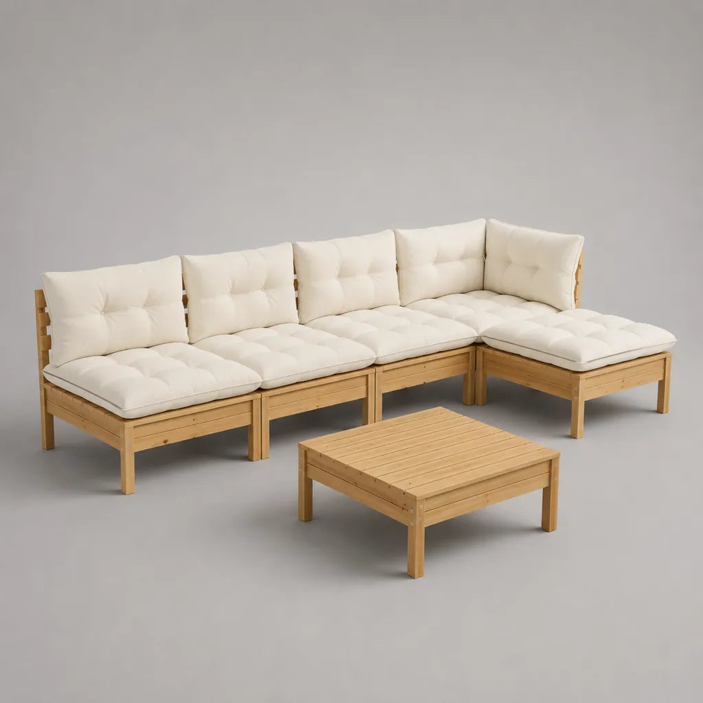 Canapé de jardin d’angle modulable 5 places, ensemble 6 pièces en bois massif avec table basse et coussins beiges, 280 × 140 × 78 cm
