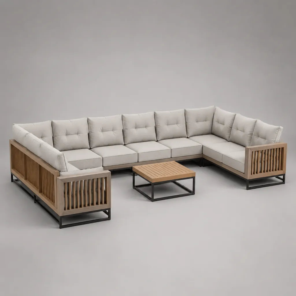 Salon de jardin modulable 8 places en U avec table basse, acacia massif, aluminium et polyester beige clair, 320 × 220 × 76 cm