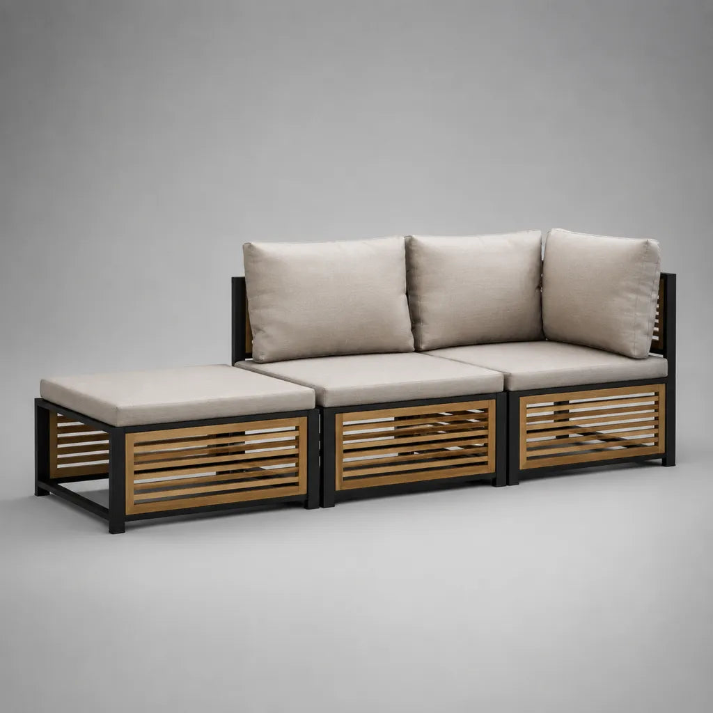 Canapé de jardin modulable 3 pièces, 2 places avec pouf, en acier et acacia, noir, marron et beige, 204 x 70 x 76 cm