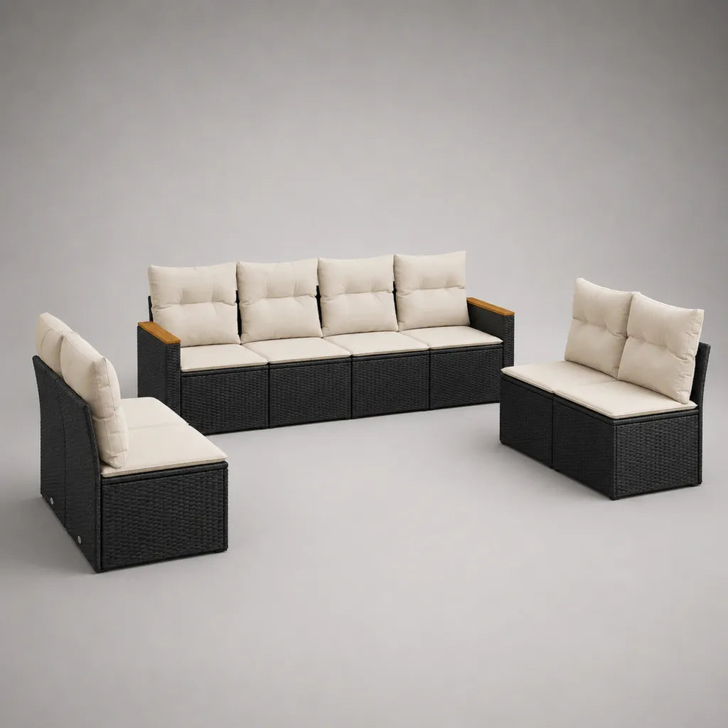 Salon de jardin modulable 8 places en résine tressée et métal noir avec coussins crème, 1 module de 228 × 67 × 74 cm et 2 modules de 116 × 67 × 74 cm
