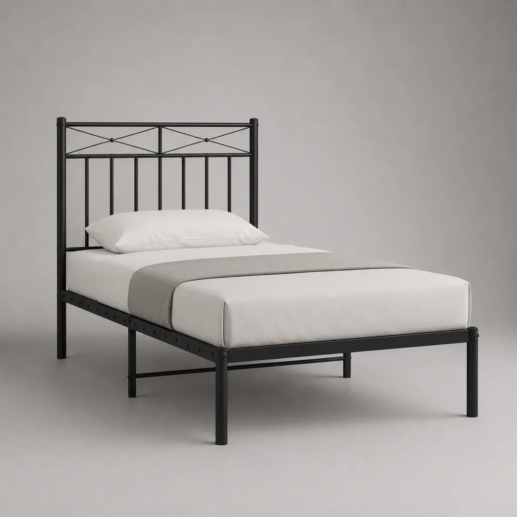 Cadre de lit 1 place en acier noir avec tête de lit, couchage 90 × 190 cm
