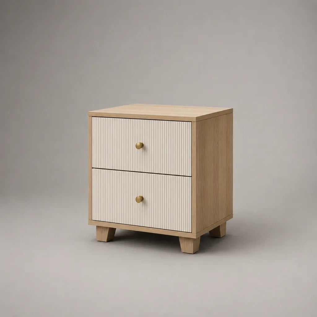 Table de chevet rectangulaire en panneaux mélaminés avec 2 tiroirs, chêne naturel et blanc cassé, 45 × 40 × 55 cm