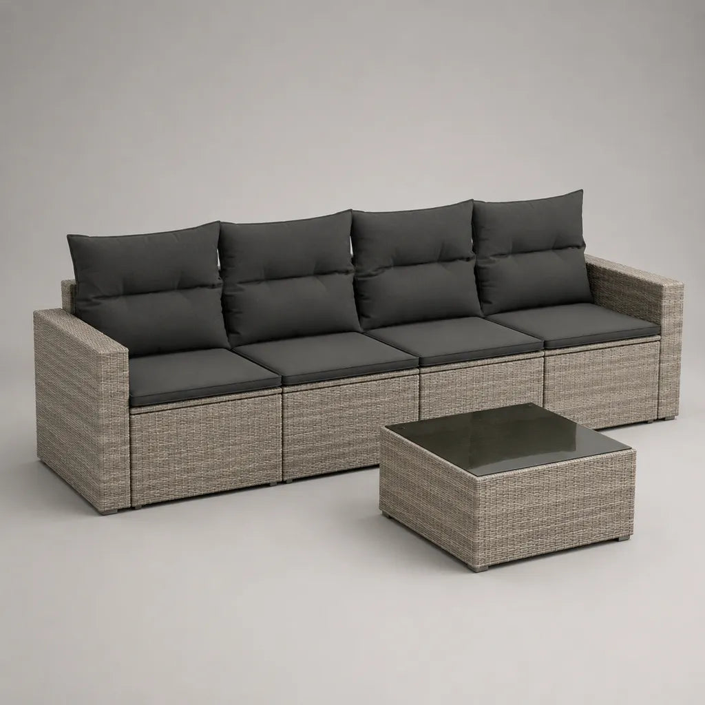 Ensemble de jardin 5 pièces en résine tressée gris et anthracite, canapé 4 places 260 × 70 × 77 cm et table basse 70 × 70 × 35 cm