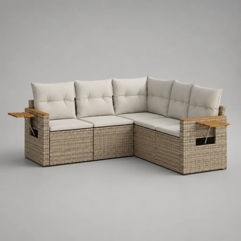 Canapé de jardin d’angle 5 places en résine tressée, acier et bois, coussins crème et tablettes rabattables, 220 × 170 × 85 cm