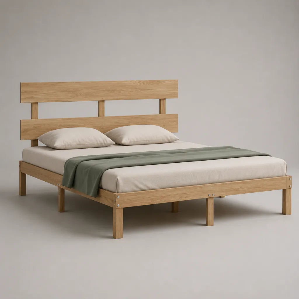 Cadre de lit double 160 × 200 cm en bois avec tête de lit, bois naturel