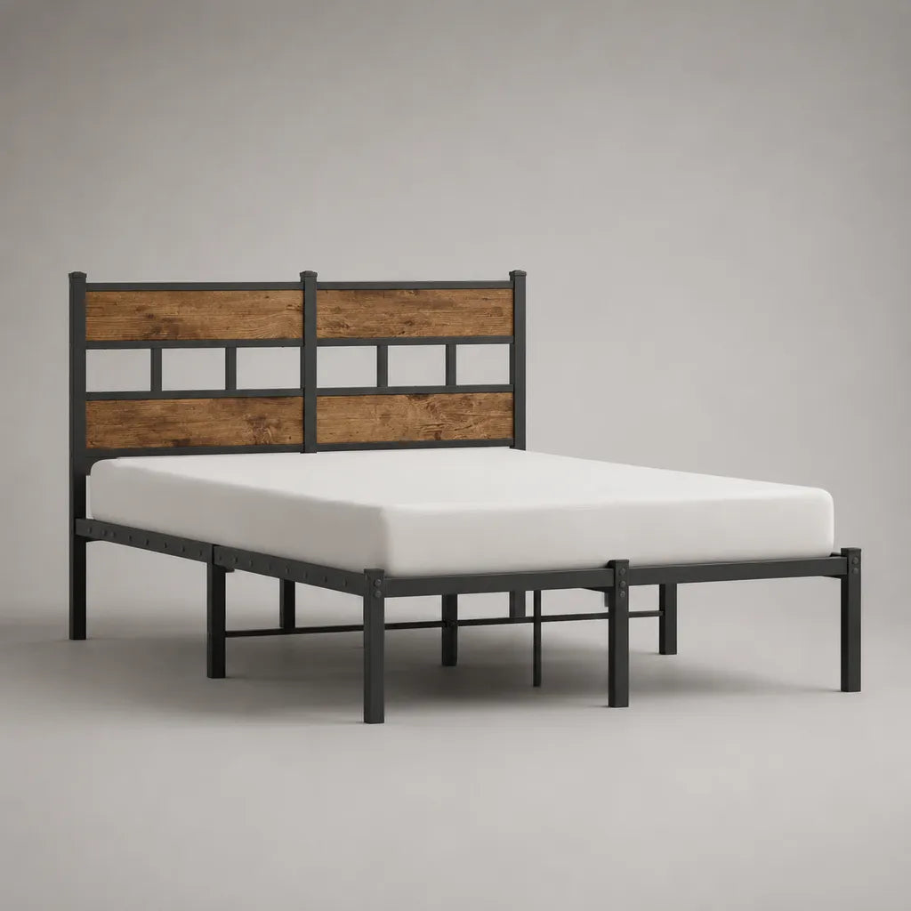 Cadre de lit double 140 × 190 cm en acier noir et bois brun avec tête de lit