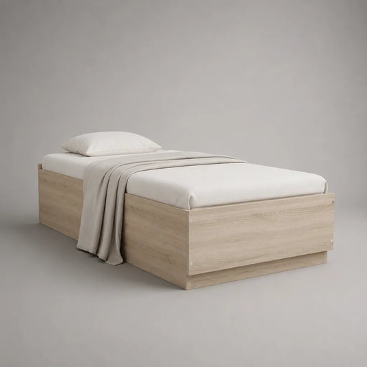 Cadre de lit simple en panneaux de particules mélaminés, chêne clair, couchage 90 × 190 cm, dimensions 96 × 196 × 45 cm