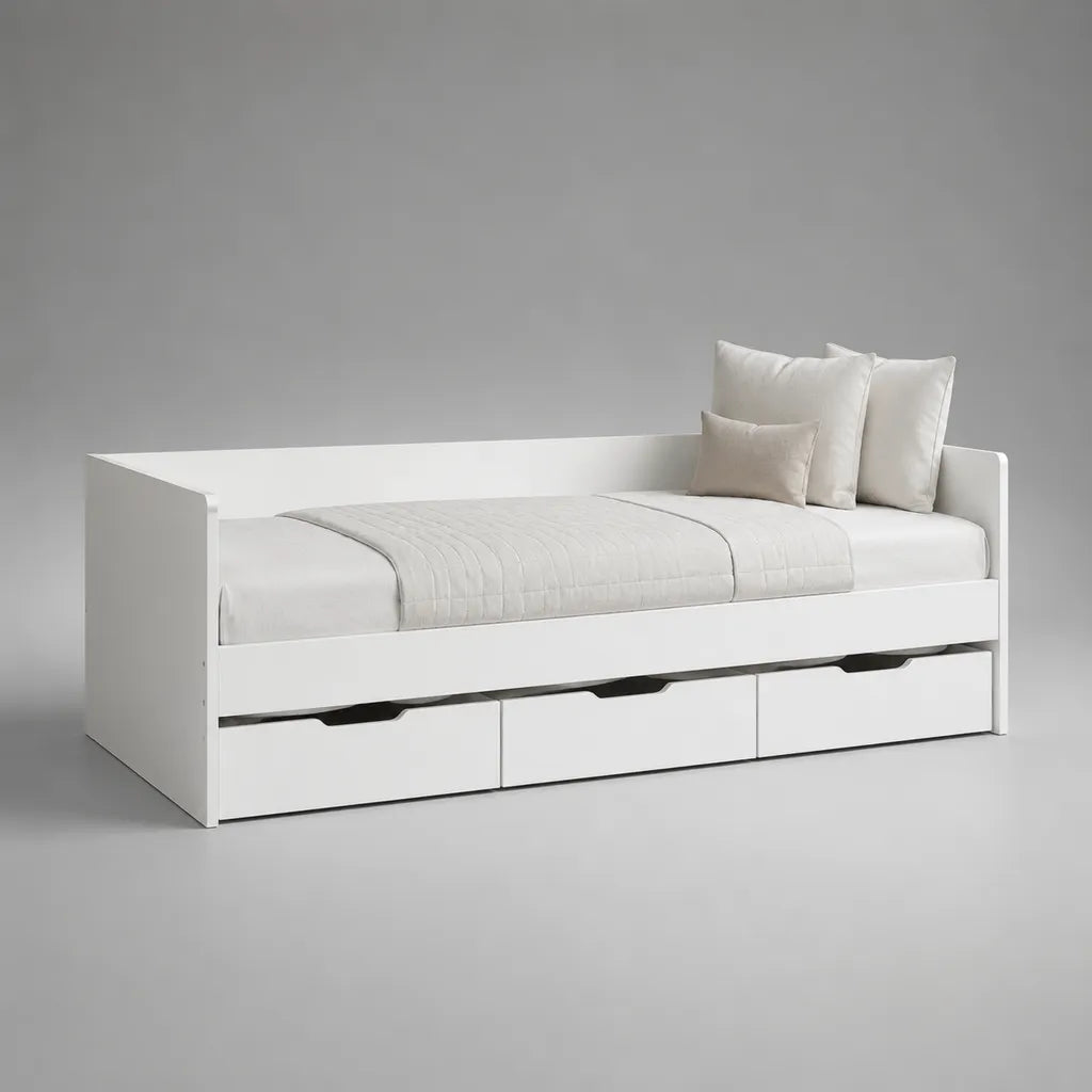 Lit banquette 1 place en panneaux de particules blancs avec 3 tiroirs, couchage 90 × 200 cm, dimensions 205 × 96 × 76 cm