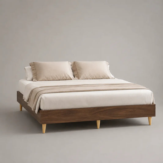 Cadre de lit double 160 x 200 cm en MDF plaqué noyer marron avec sommier à lattes et pieds beiges