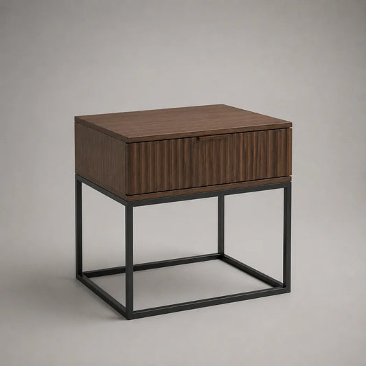 Table de chevet rectangulaire à 1 tiroir en MDF plaqué noyer et acier noir, 50 × 40 × 55 cm