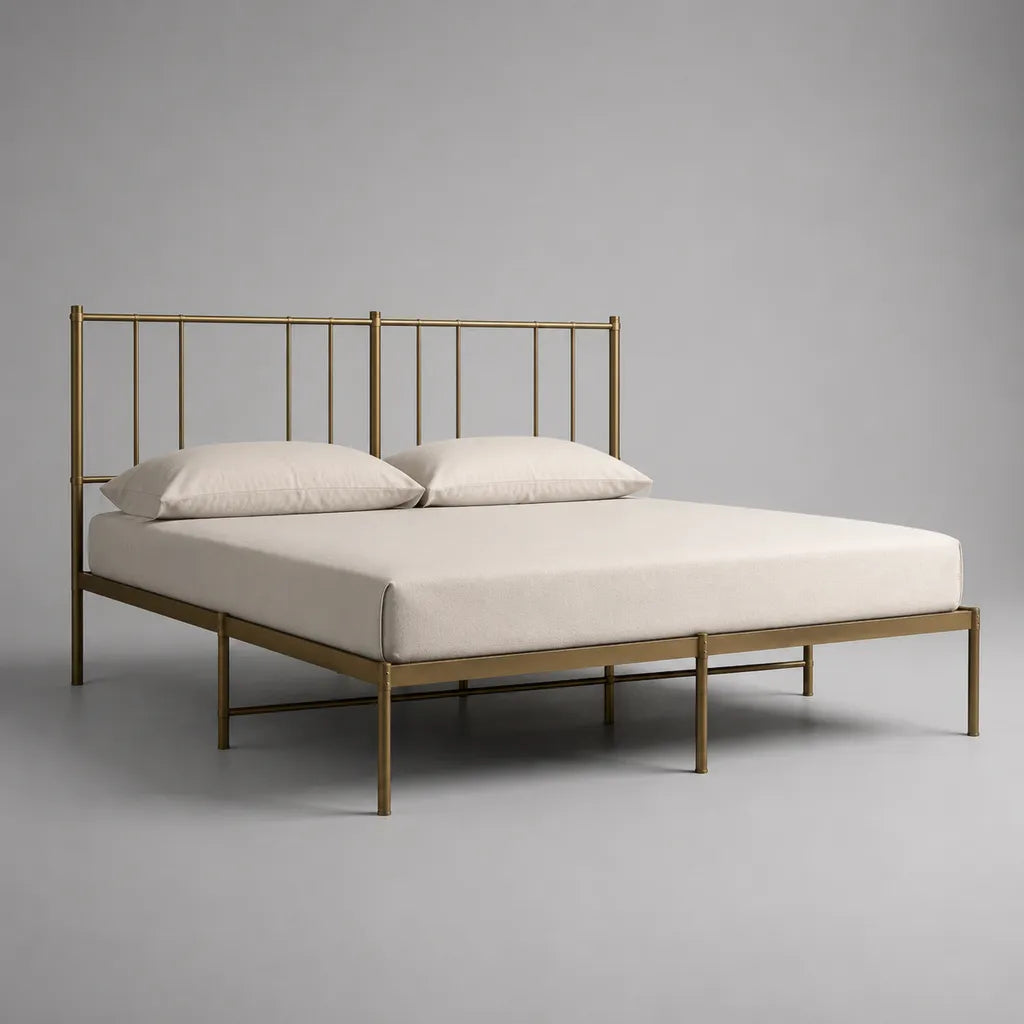 Cadre de lit double 160 × 200 cm en acier, laiton vieilli, 207 × 166 × 110 cm