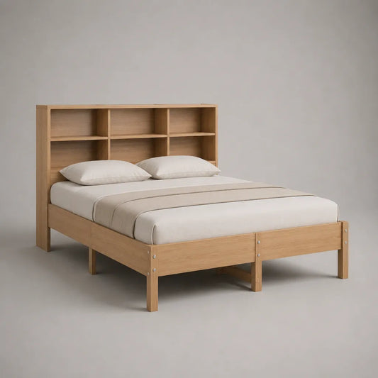 Lit double avec tête de lit bibliothèque en pin massif et panneaux de particules stratifiés, chêne clair, couchage 160 × 200 cm, dimensions 168 × 224 × 145 cm