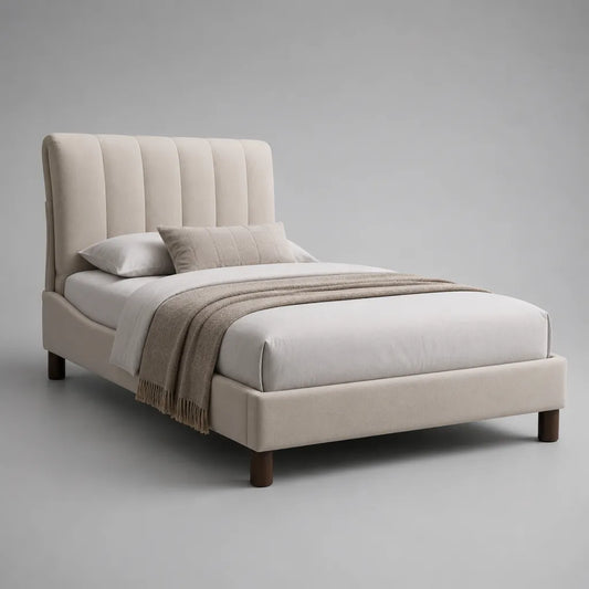 Lit double rembourré en polyester beige avec tête de lit à canaux verticaux, couchage 160 × 200 cm, dimensions 170 × 215 × 115 cm