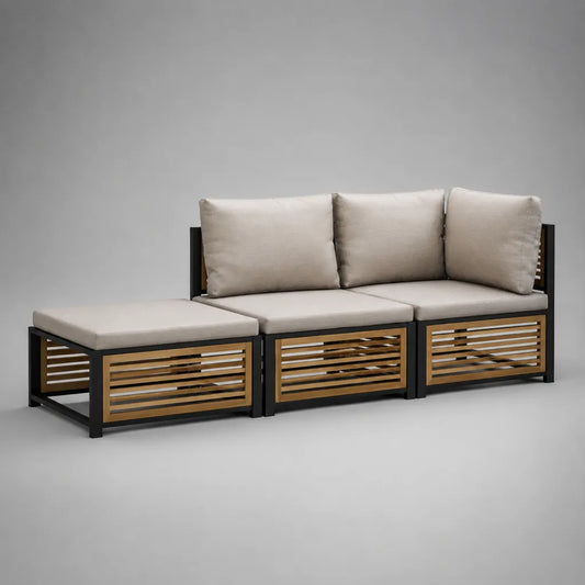 Canapé de jardin modulable 3 pièces, 2 places avec pouf, en acier et acacia, noir, marron et beige, 204 x 70 x 76 cm