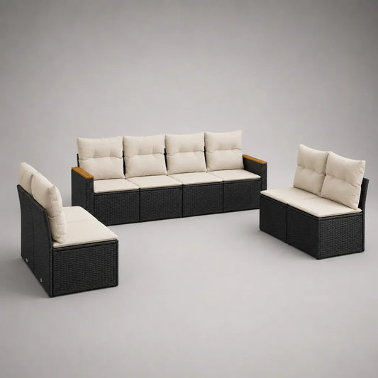 Salon de jardin modulable 8 places en résine tressée et métal noir avec coussins crème, 1 module de 228 × 67 × 74 cm et 2 modules de 116 × 67 × 74 cm