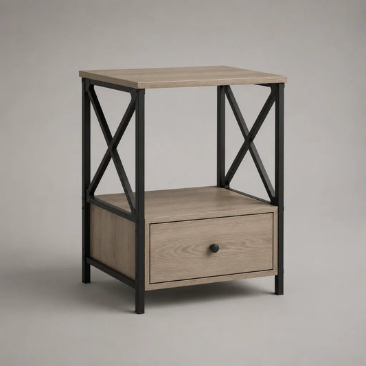 Table de chevet rectangulaire en panneau de particules mélaminé et acier avec tiroir et niche, chêne clair et noir, 45 × 40 × 60 cm