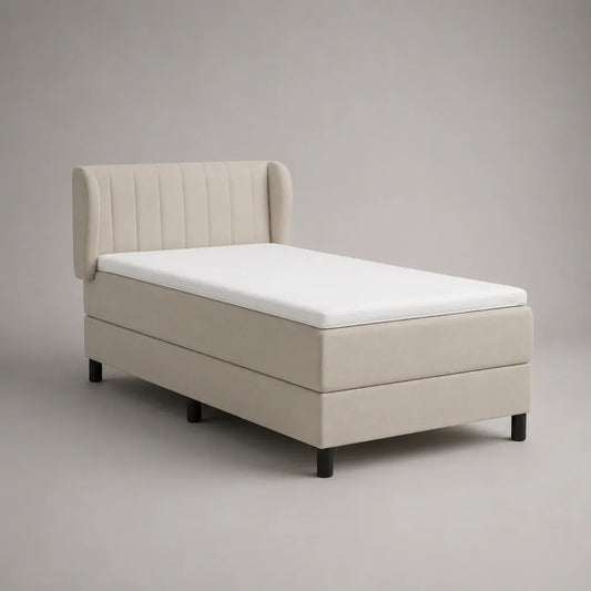 Lit continental double en tissu beige avec matelas, surmatelas et tête de lit à oreilles, couchage 140 × 200 cm