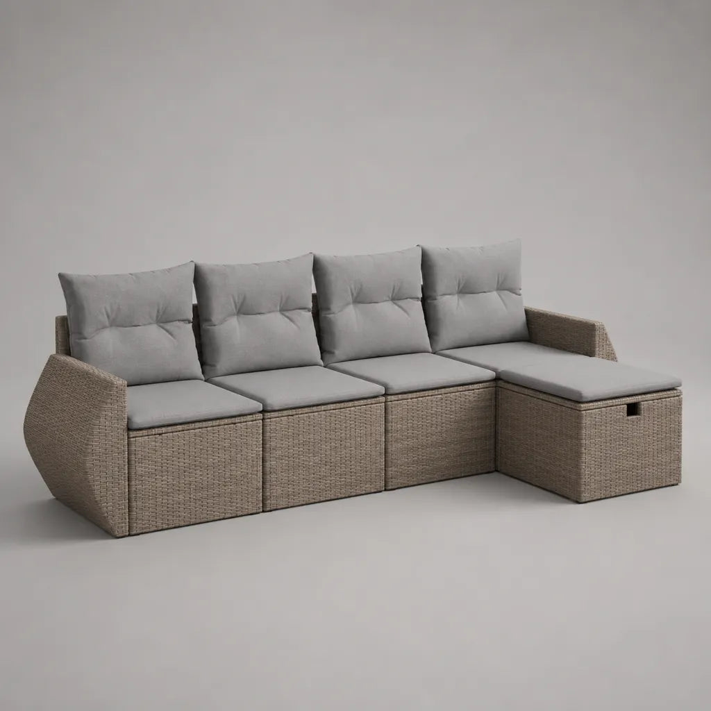 Canapé de jardin d’angle droit modulable 4 places taupe et gris 228 × 146 × 73 cm en résine tressée et acier