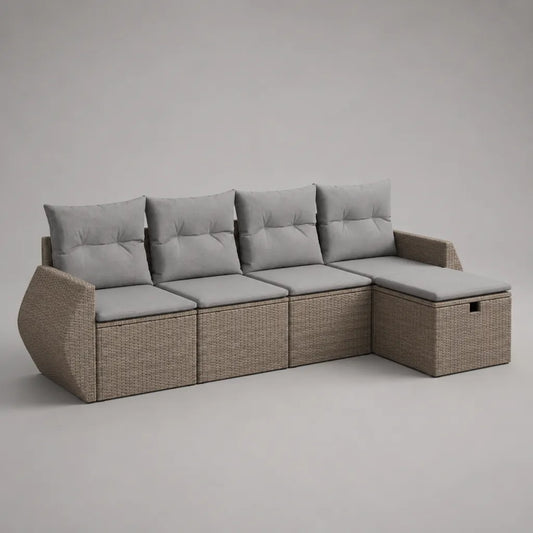 Canapé de jardin d’angle droit modulable 4 places taupe et gris 228 × 146 × 73 cm en résine tressée et acier