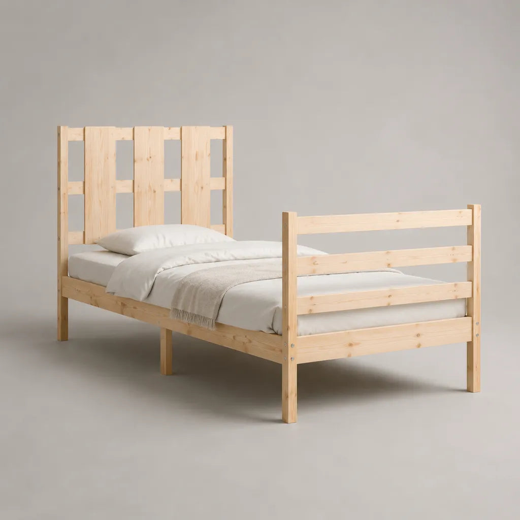 Lit double en bois naturel avec sommier à lattes, couchage 140 × 190 cm, dimensions 198 × 148 × 125 cm