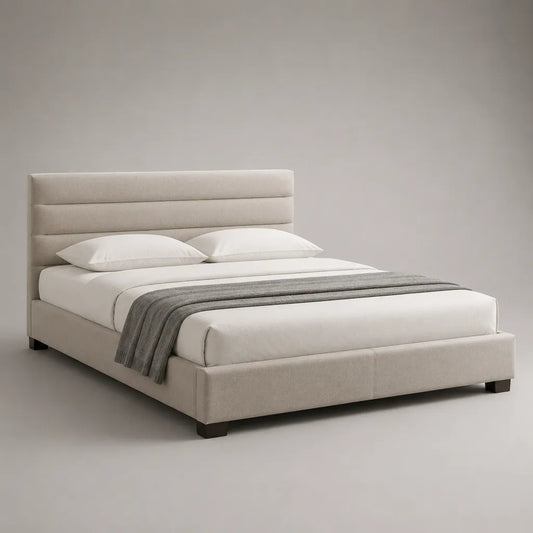 Lit double rembourré 160 x 200 cm en polyester beige et bois, dimensions 218 x 174 x 112 cm, tête de lit à panneaux horizontaux