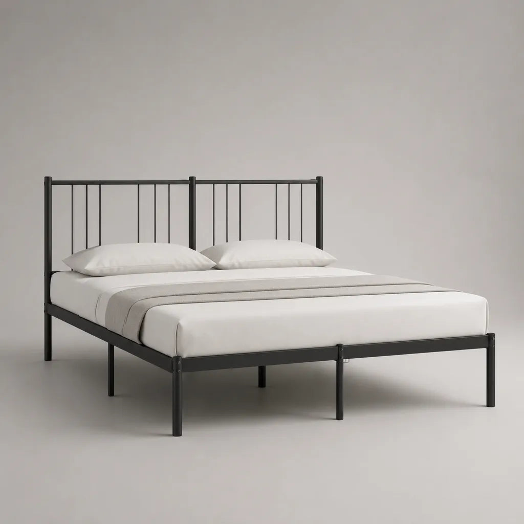 Lit double 140 × 190 cm avec cadre en acier et tête de lit à barreaux, noir