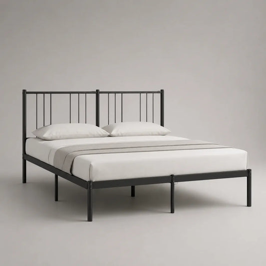 Lit double 140 × 190 cm avec cadre en acier et tête de lit à barreaux, noir