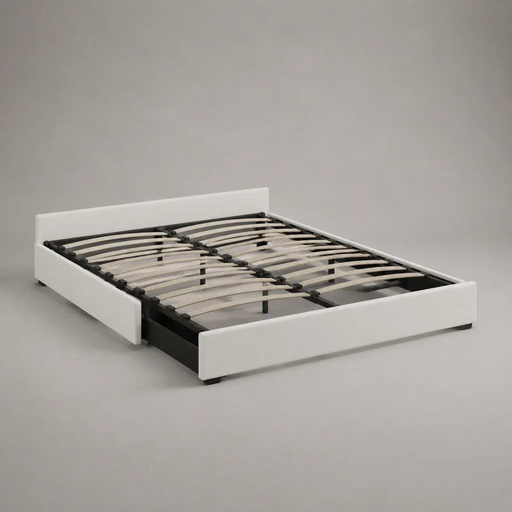 Cadre de lit double 160 × 200 cm en similicuir blanc avec sommier à lattes et rangement coulissant