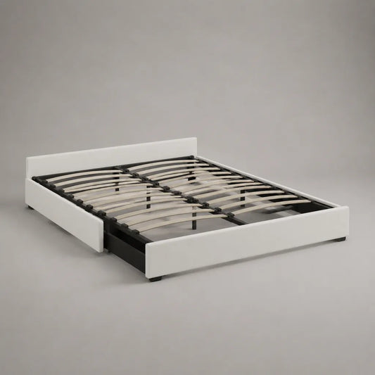 Cadre de lit double 160 × 200 cm en similicuir blanc avec sommier à lattes et rangement coulissant
