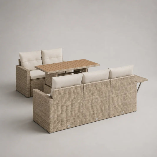 Salon de jardin 3 pièces 5 places en résine tressée beige avec coussins crème, canapés 203 × 70 × 73 cm et 130 × 70 × 73 cm, table 120 × 70 × 68 cm
