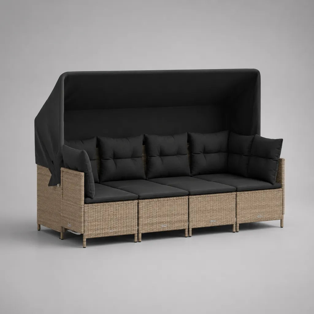 Canapé de jardin modulable 4 places en résine tressée PE et métal avec auvent, 220 × 72 × 180 cm, beige et noir