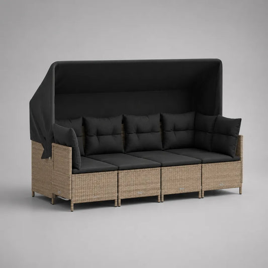 Canapé de jardin modulable 4 places en résine tressée PE et métal avec auvent, 220 × 72 × 180 cm, beige et noir