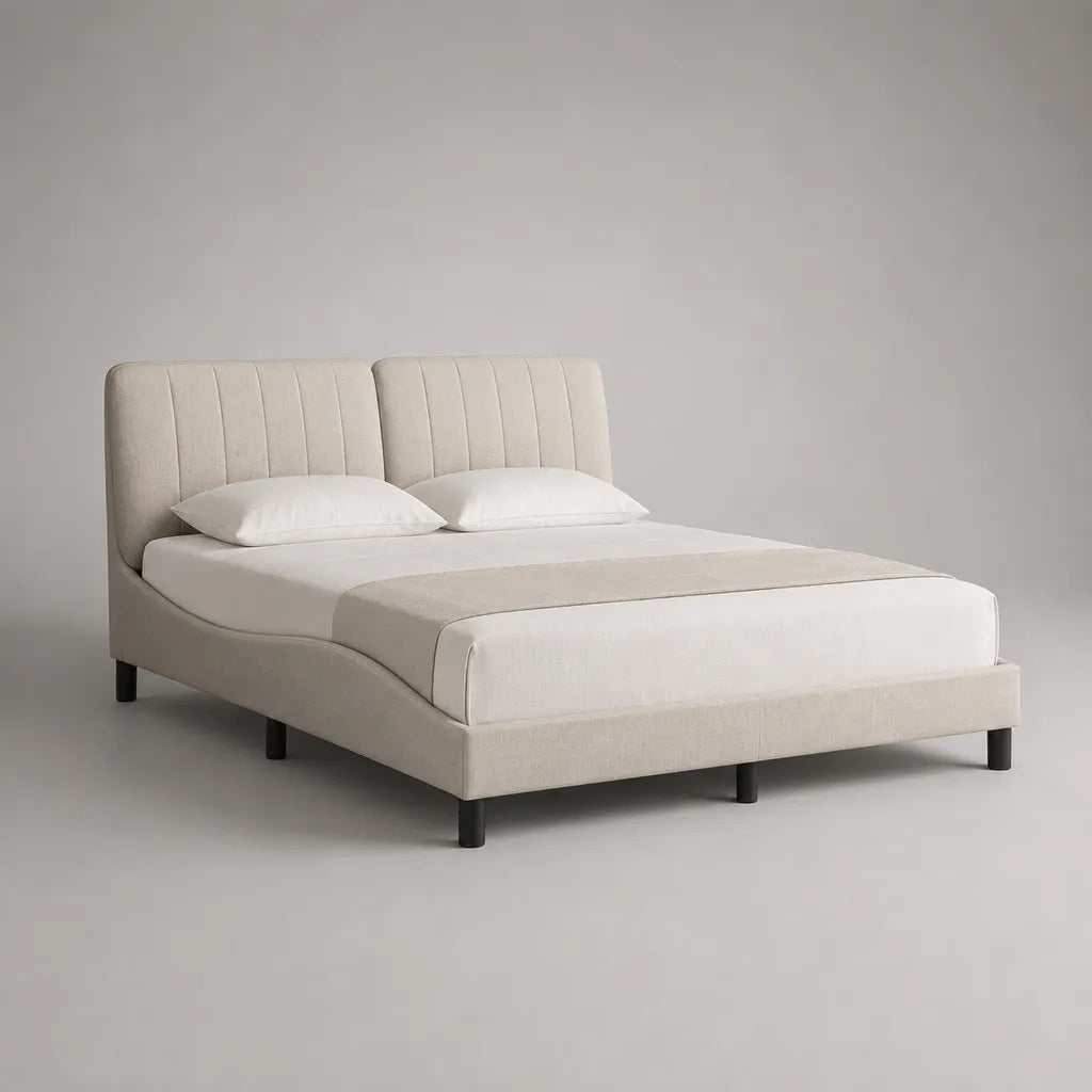 Lit double rembourré en tissu beige 160 × 200 cm, dimensions 216 × 170 × 105 cm, tête de lit à deux panneaux et sommier à lattes