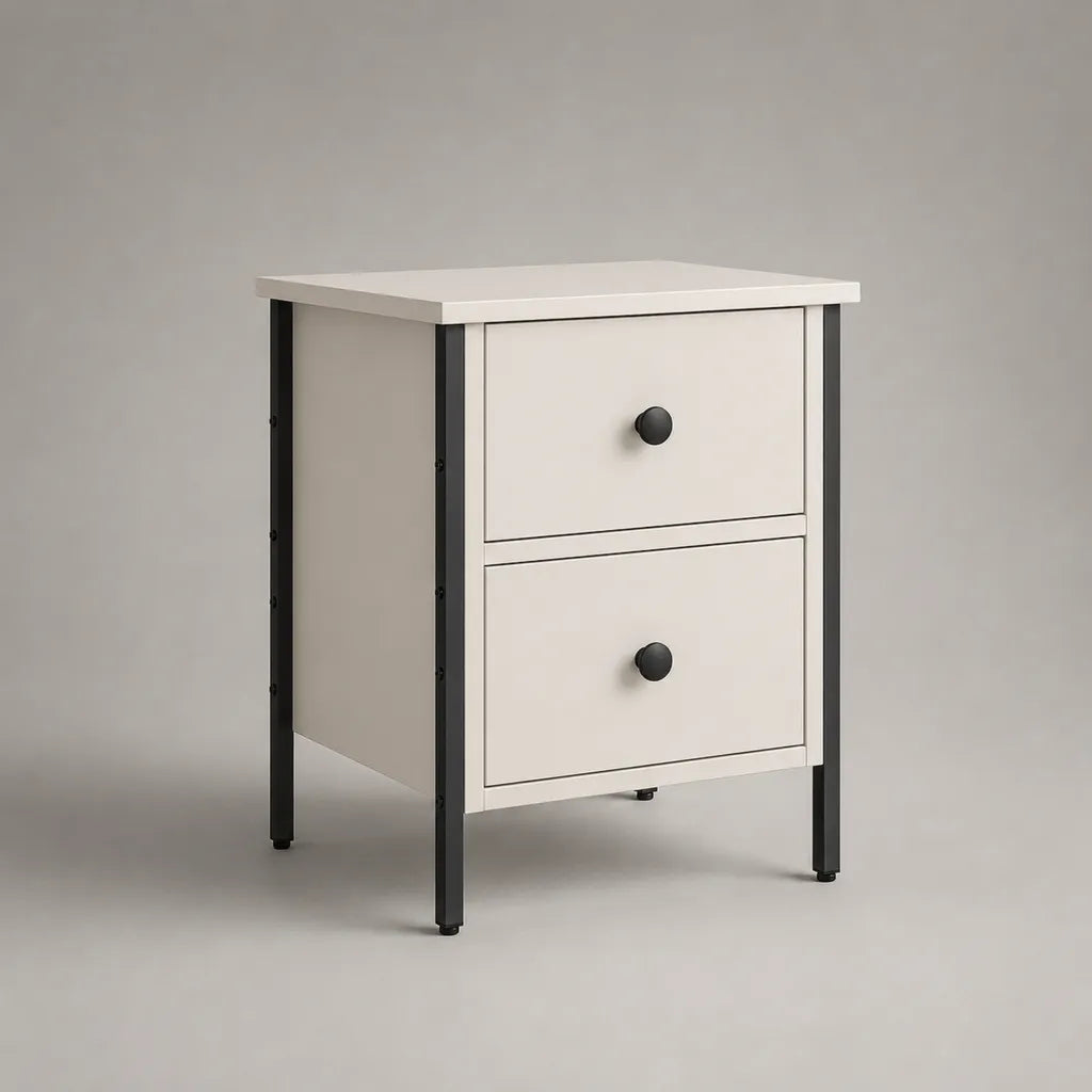 Table de chevet rectangulaire à 2 tiroirs en MDF et acier, blanc cassé et noir, 40 × 40 × 55 cm