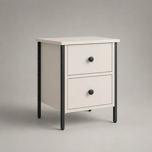 Table de chevet rectangulaire à 2 tiroirs en MDF et acier, blanc cassé et noir, 40 × 40 × 55 cm