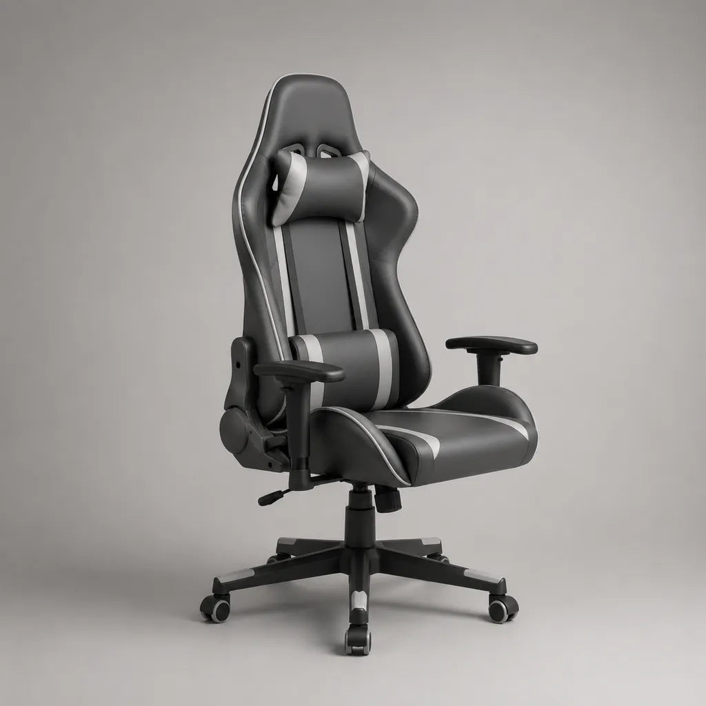 Chaise de jeu inclinable en similicuir PU, forme baquet, noir et gris, 68 × 70 × 123-131 cm