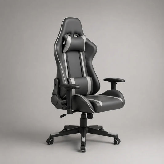 Chaise de jeu inclinable en similicuir PU, forme baquet, noir et gris, 68 × 70 × 123-131 cm