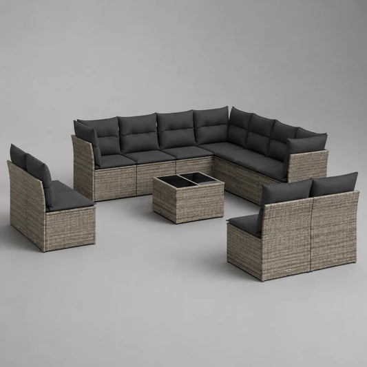 Salon de jardin extérieur 4 éléments 9 places en résine tressée beige et métal, coussins anthracite, canapé d’angle 255 × 195 × 73 cm