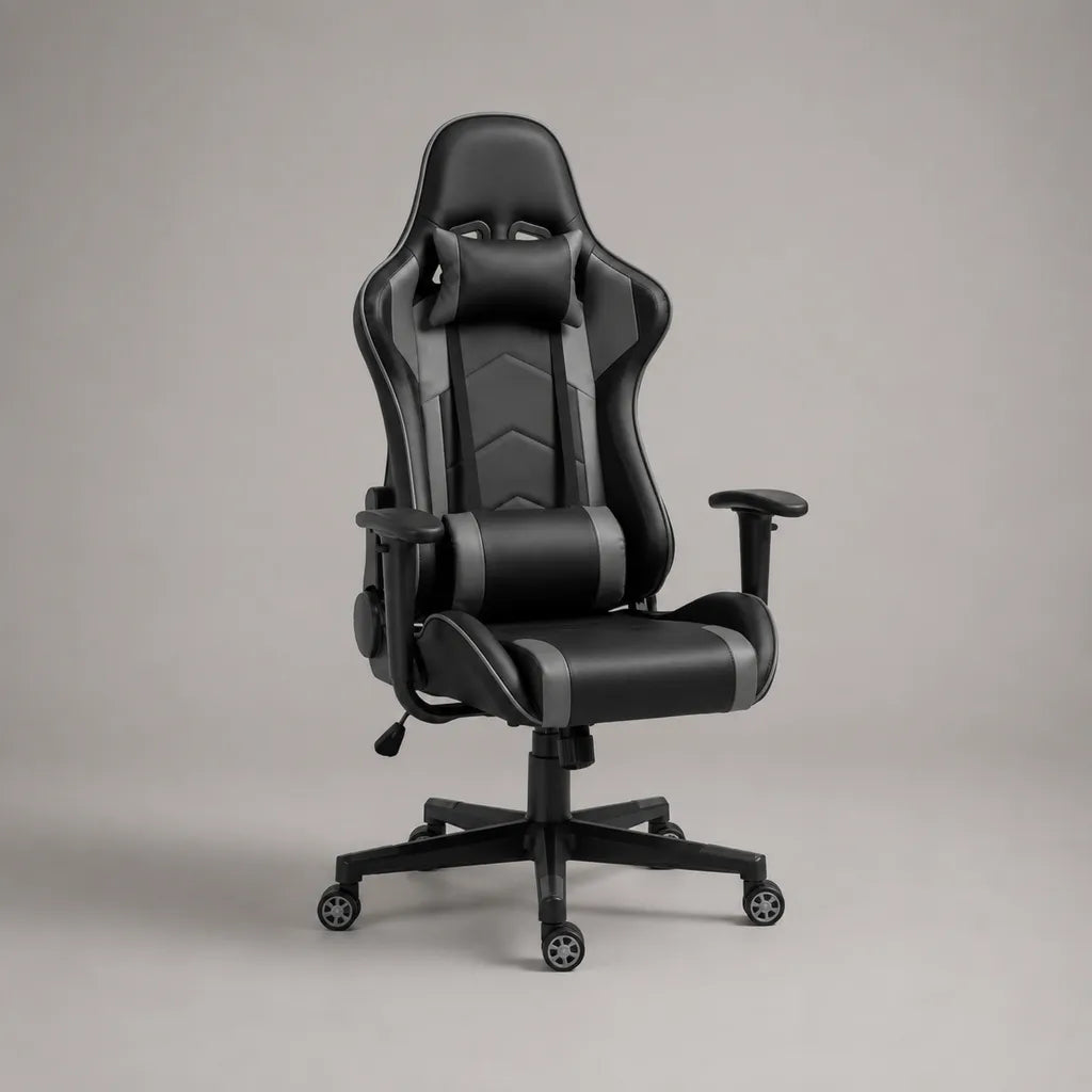 Chaise de jeu réglable à dossier baquet en cuir synthétique noir et gris, 70 × 68 × 125-135 cm