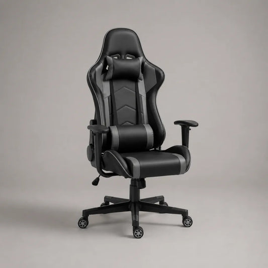 Chaise de jeu réglable à dossier baquet en cuir synthétique noir et gris, 70 × 68 × 125-135 cm