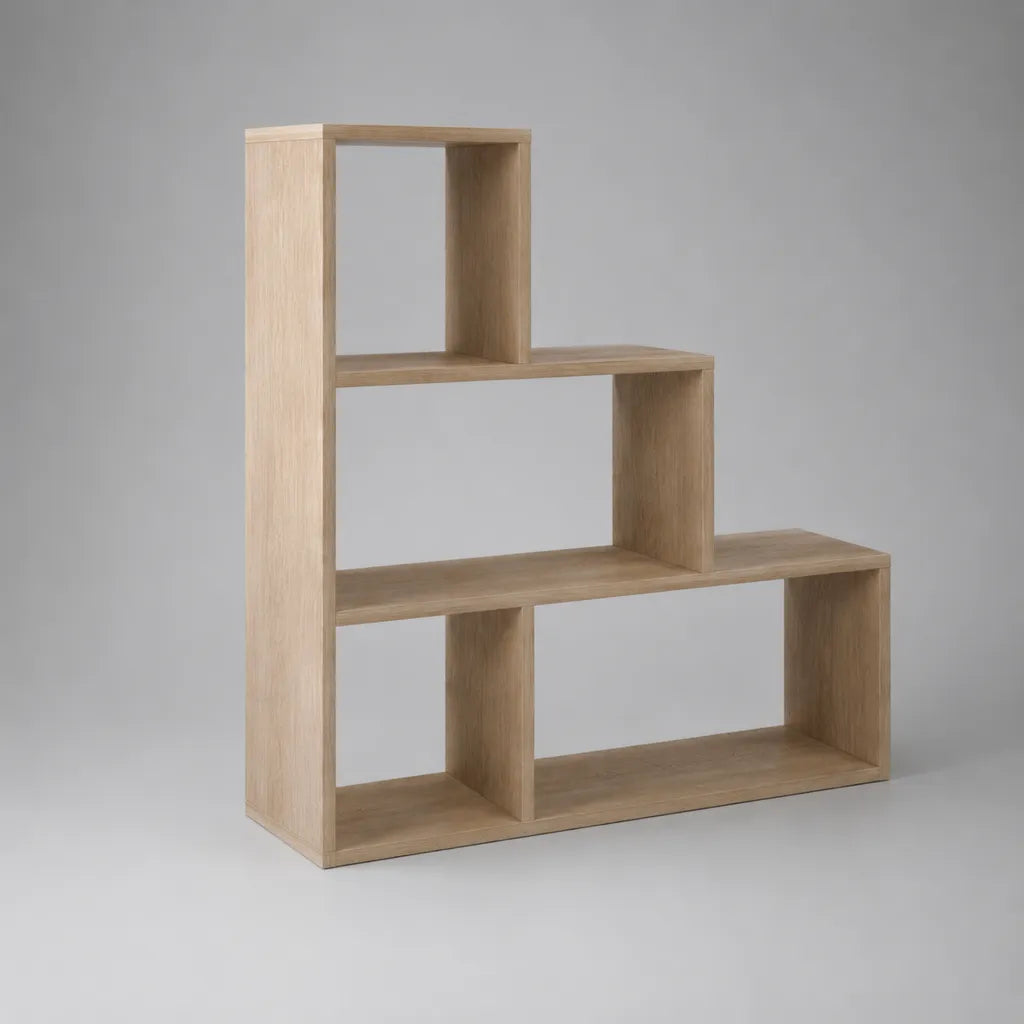 Étagère sur pied en escalier à 4 niches en panneaux de particules mélaminés, chêne clair, 120 × 30 × 140 cm