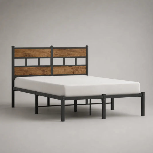 Cadre de lit double 140 × 190 cm en acier noir et bois brun avec tête de lit