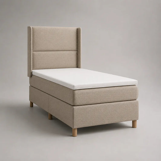 Ensemble lit simple avec sommier tapissier, matelas et surmatelas, tissu beige et blanc, couchage 90 × 190 cm, tête de lit à oreilles